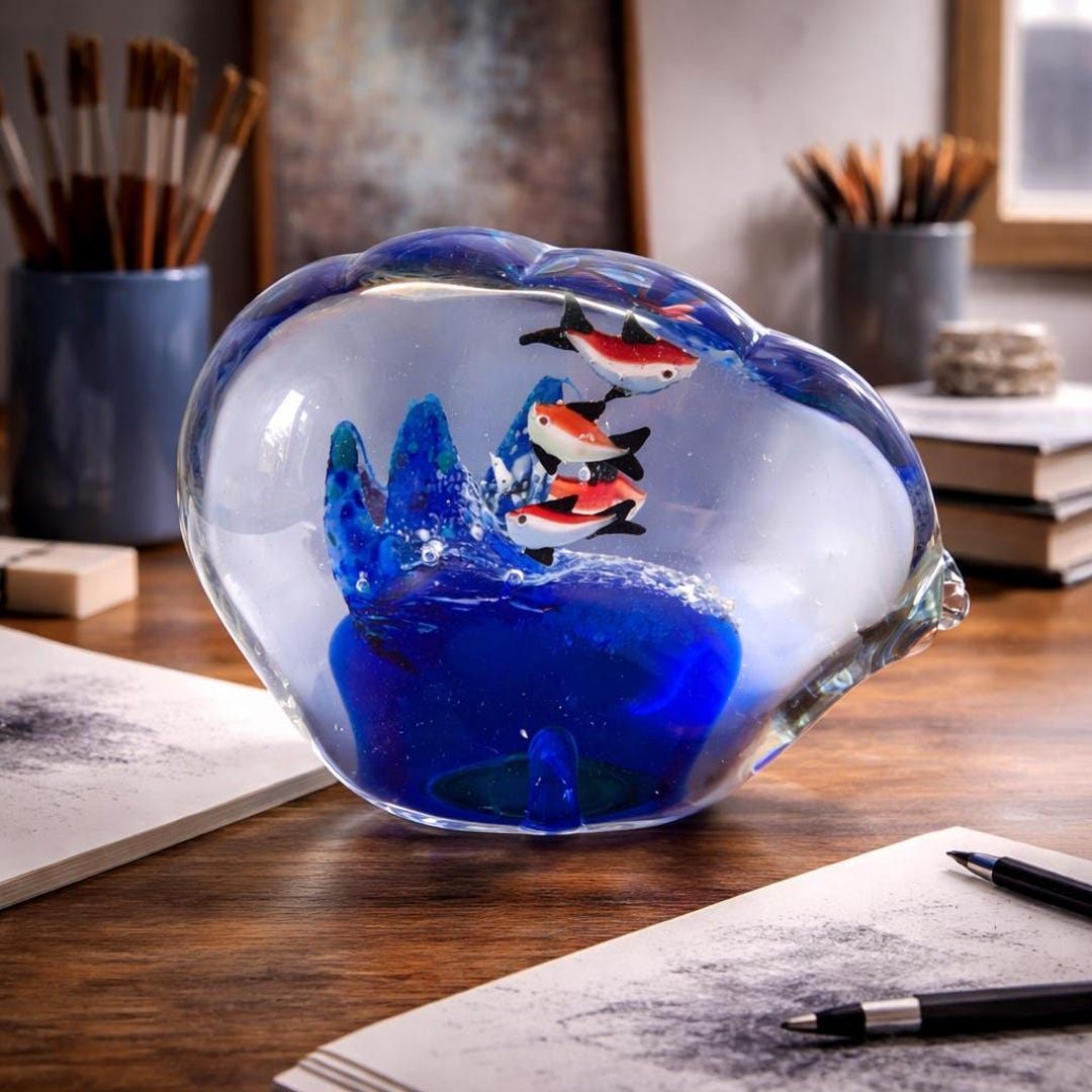 ムラーノガラス製アート作品、海洋モチーフのペーパーウェイト