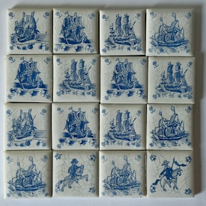 May include: Sixteen square ceramic tiles with a blue and white nautical design. Each tile features a different illustration of sailing ships and riders on horseback. The tiles are arranged in a grid pattern.