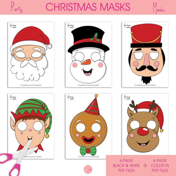 Masques de Noël imprimables, Costume de Noël imprimable, Masques de coloriage de Noël, Père Noël, Bonhomme de neige, Soldat de plomb, Cookie Man, Elfe, Renne