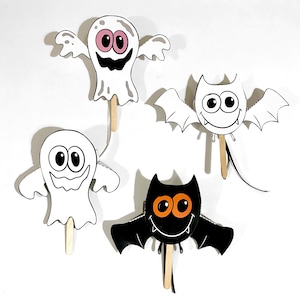 Druckbare bewegliche Halloween Papierpuppe, Papierfledermaus Puppe, Papiergeist Puppe, Halloween Aktivität, Halloween Puppenhandwerk, digitaler Download