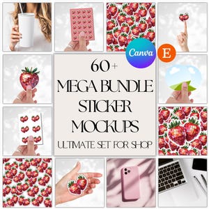 60+  Mega Bundle Sticker Mockups for Canva – Editable Product Display Templates for Etsy, Aesthetic Drag & Drop Scenes Sticker Mockup, POD