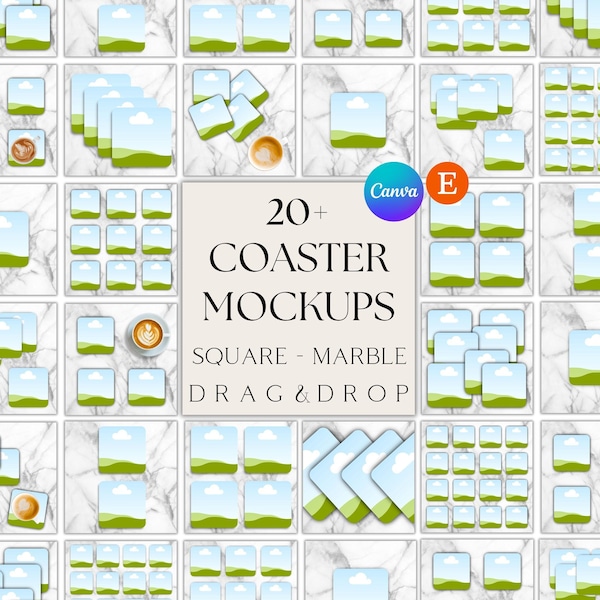 20+ Square Coasters Mockups, Canva Mockups, Digital Listing Mockups, Square Coasters Canva Templates, Etsy Templates, Canva Mockup Bundle