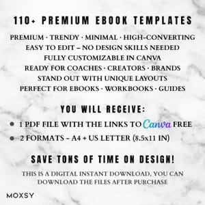 Może przedstawiać: Czarno-biała grafika z tekstem: "110+ Premium Ebook Templates". Szczeg&oacute;ły obejmują łatwą edycję i dostosowywanie w Canva. Formaty A4 i US Letter (8,5x11 cali). Idealne do ebook&oacute;w, zeszyt&oacute;w ćwiczeń i przewodnik&oacute;w.