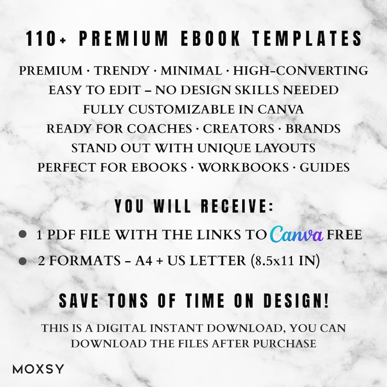 Może przedstawiać: Czarno-biała grafika z tekstem: "110+ Premium Ebook Templates". Szczeg&oacute;ły obejmują łatwą edycję i dostosowywanie w Canva. Formaty A4 i US Letter (8,5x11 cali). Idealne do ebook&oacute;w, zeszyt&oacute;w ćwiczeń i przewodnik&oacute;w.