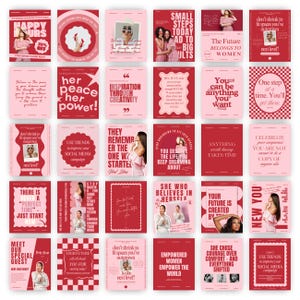 May include: A collection of pink and red square posters with motivational quotes and images of women. The posters feature phrases like "Her peace her power!" and "Empowered women empower the world."