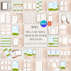 May include: A collection of digital planner mockups, including tablets and printed pages, with a neutral color scheme. The image features various layouts, including weekly and monthly planner designs, with the text "100+ MEGA BUNDLE DIGITAL PLANNER MOCKUPS ULTIMATE SET FOR SHOP".