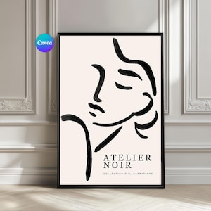 Könnte beinhalten: Gerahmter Kunstdruck mit einer minimalistischen schwarzen Strichzeichnung eines Frauenprofils auf cremefarbenem Hintergrund. Der Text "ATELIER NOIR COLLECTION D'ILLUSTRATIONS" befindet sich unten. Das Kunstwerk wird an einer weißen Wand gezeigt. Der Rahmen ist schwarz.