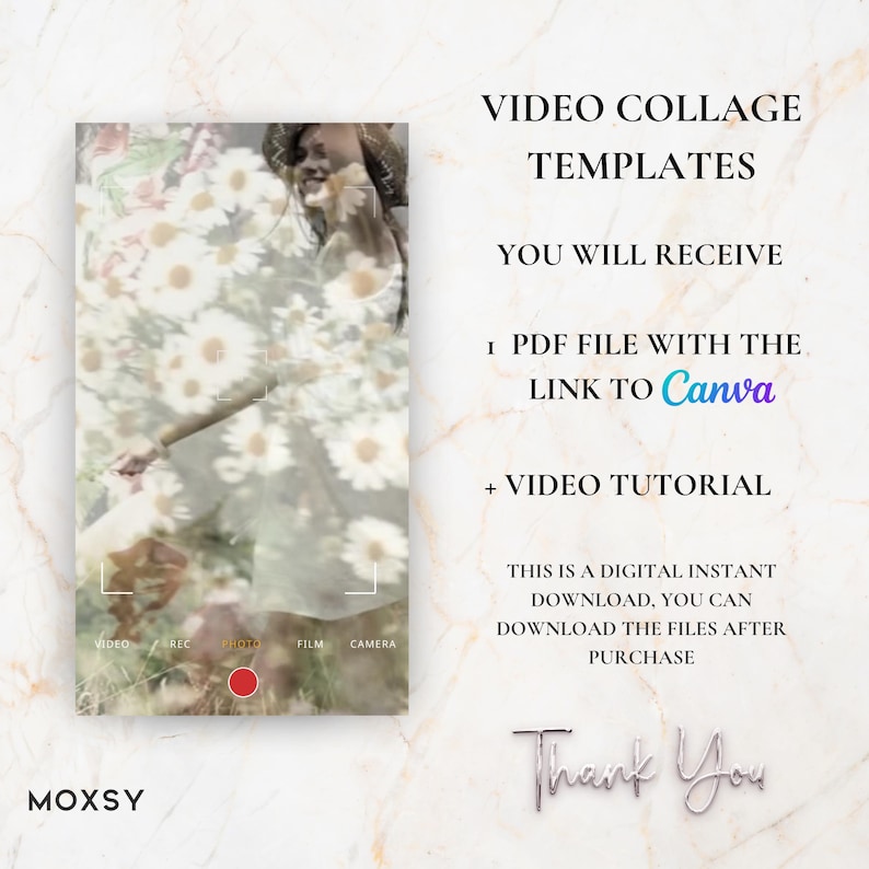 May include: Digital video collage templates with text that reads "Video Collage Templates" and "You will receive 1 PDF file with the link to Canva + Video Tutorial". The image has a floral overlay.