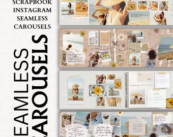 May include: A digital product showcasing 20 scrapbook Instagram seamless carousels. The design features beach-themed photos, including images of people, food, and accessories. The color palette includes beige, yellow, and blue tones, with handwritten text overlays.