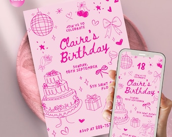 Modèle d'invitation d'anniversaire Coquette : Doodle dessiné à la main (modifiable sur toile, téléchargement numérique)