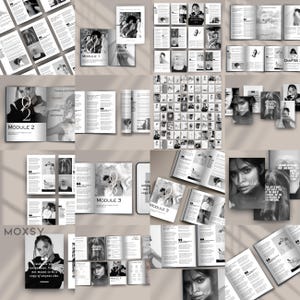 May include: A collection of open books and printed materials in black and white. The pages feature photographs, text, and graphic elements. The text includes the words "MODULE 1", "MODULE 2", "MODULE 3", and "MOXSY".
