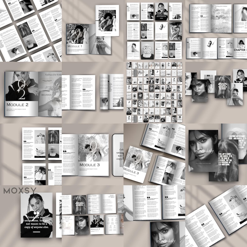 May include: A collection of open books and printed materials in black and white. The pages feature photographs, text, and graphic elements. The text includes the words "MODULE 1", "MODULE 2", "MODULE 3", and "MOXSY".