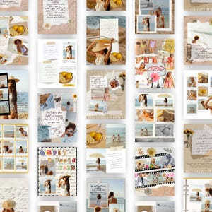 Puede incluir: Un collage de fotos con temática de playa, con mujeres en trajes de baño, limones y texto manuscrito. La paleta de colores incluye beige, blanco y amarillo, con una estética vintage. Algunas fotos tienen el texto "happy dressed 2025" y "Paris day first".