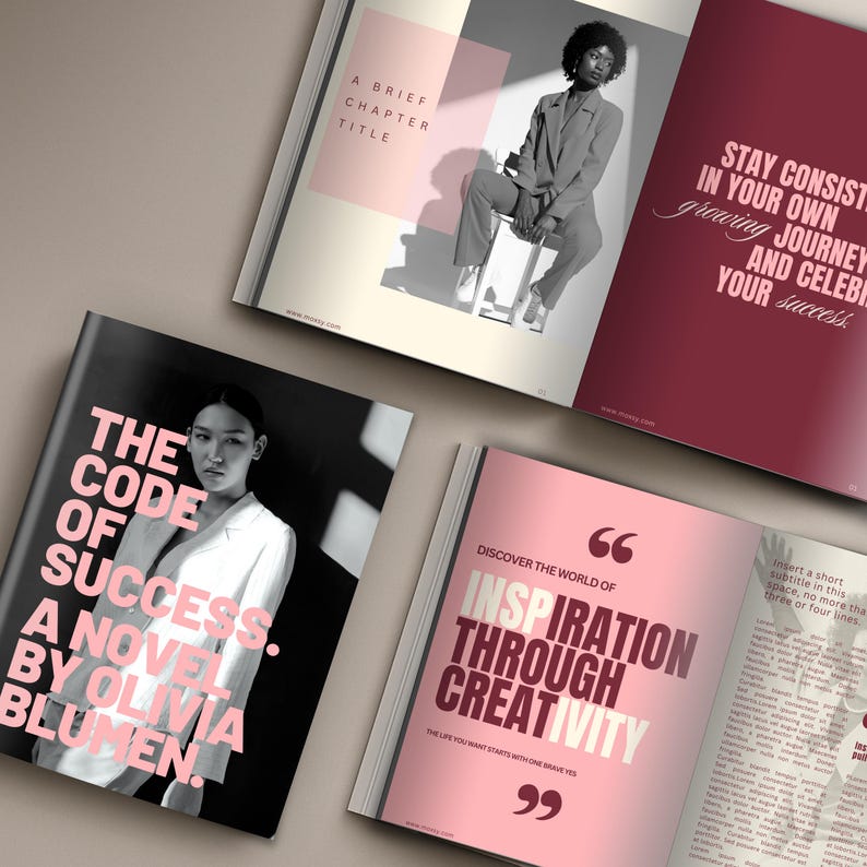 Może przedstawiać: Kolekcja otwartych książek z r&oacute;żnymi tytułami i obrazami. Okładka jednej z nich głosi "The Code of Success. A Novel by Olivia Blumen". Inna przedstawia kobietę w garniturze. Inne strony wyświetlają tekst, np. "Stay Consistent in Your Own Growing Journey."