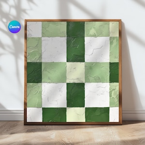 Könnte beinhalten: Ein gerahmtes Kunstwerk mit einem Schachbrettmuster in Grün- und Weißtönen. Die Quadrate haben eine strukturierte, bemalte Oberfläche, und der Rahmen ist in einem warmen Braunton gehalten. Das Kunstwerk wird vor einer weißen Wand präsentiert.