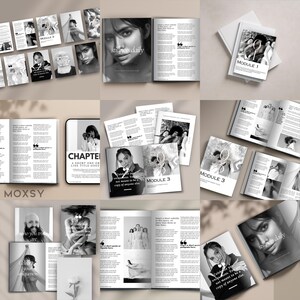 May include: A collection of black and white magazines and booklets. The covers feature portraits, quotes, and the text "stillness daily," "MODULE 1," and "MODULE 3." The layout includes text and images.