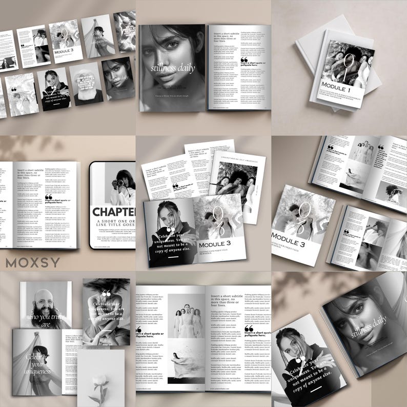 May include: A collection of black and white magazines and booklets. The covers feature portraits, quotes, and the text "stillness daily," "MODULE 1," and "MODULE 3." The layout includes text and images.