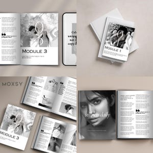 May include: A collection of open books and a tablet with black and white photography and text. The books feature the titles "MODULE 1" and "MODULE 3", and the tablet displays the words "Cel unique not copy d".