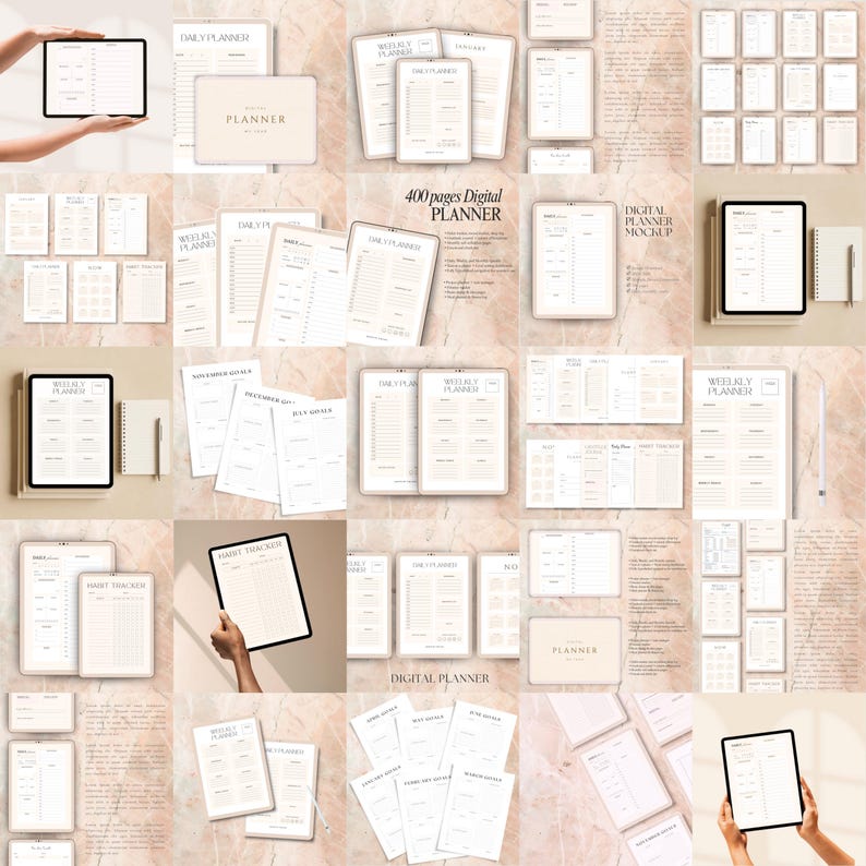 May include: A collection of digital planner mockups and templates in a neutral color palette. The image features various layouts, including daily, weekly, and monthly planners, with the text "400 pages Digital PLANNER" and "DIGITAL PLANNER MOCKUP".