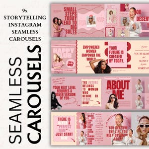 Peut inclure: Un produit numérique présentant neuf modèles de carrousel Instagram sans couture. Les modèles utilisent une palette de couleurs rose et blanche avec du texte de motivation et des images de femmes. Le texte comprend des phrases comme "Small Steps Today Lead to Big Results."