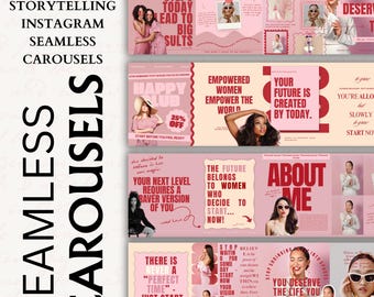 May include: A digital product featuring nine Instagram seamless carousel templates. The templates use a pink and white colour scheme with motivational text and images of women. Text includes phrases like "Small Steps Today Lead to Big Results."