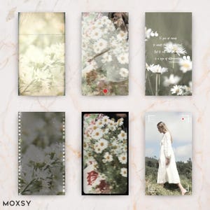 May include: A collage of six images with a vintage aesthetic. The images feature daisies, a woman in a white dress, and text. The color palette is soft, with muted greens, yellows, and whites. The images are framed with borders and filmstrip effects.