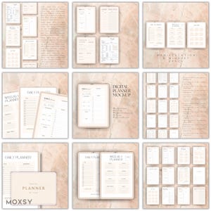 May include: A collection of digital planner mockups in beige and white, featuring daily, weekly, and habit tracker templates. The layouts include sections for scheduling, journaling, and goal setting. The text "DIGITAL PLANNER MOCKUP" is visible.