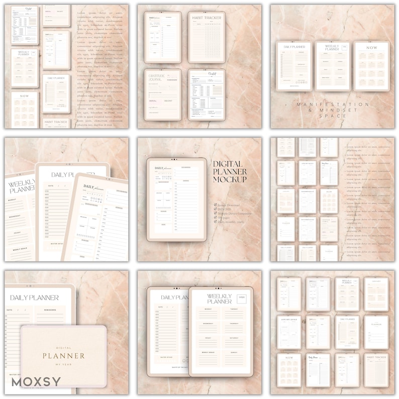 May include: A collection of digital planner mockups in beige and white, featuring daily, weekly, and habit tracker templates. The layouts include sections for scheduling, journaling, and goal setting. The text "DIGITAL PLANNER MOCKUP" is visible.