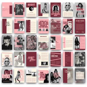 Może przedstawiać: Kolekcja stron magazynu w r&oacute;żowo-bordowej kolorystyce. Każda strona zawiera tekst, zdjęcia os&oacute;b i elementy projektu. Niekt&oacute;re strony zawierają cytaty, inne nagł&oacute;wki takie jak "About" i "The Code of Success."