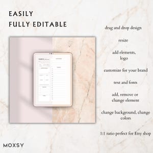 May include: A digital daily planner displayed on a tablet, with the words "EASILY FULLY EDITABLE." The image highlights features like drag-and-drop design, resizing, and customization options. The background is a mix of pink and marble textures.