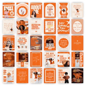 Puede incluir: Una colección de carteles naranjas y blancos con citas motivacionales e imágenes de personas. Los carteles presentan frases como «Acerca de mí», «Inspiración a través de la creatividad» y «Tu futuro es creado por». El tema general es la superación personal y el empoderamiento.