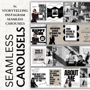 May include: A set of 9 Instagram seamless carousel templates. Each template has a monochrome design with text overlays including "Small Steps Today Lead to Big Results" and "Empowered Women Empower the World."