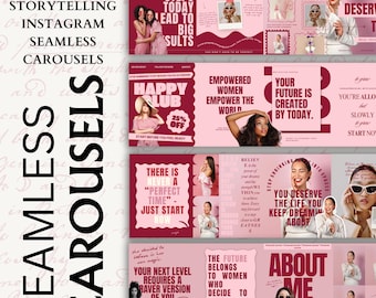 May include: A pink and white Instagram carousel template set. The design includes text such as "Small Steps Today Lead to Big Results" and "Empowered Women Empower the World." The template features images of women and motivational quotes.