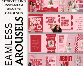 May include: Nine Instagram seamless carousel templates in pink and red, with motivational quotes and images of women. Text includes "Small Steps Today Lead to Big Results" and "Happy Club".