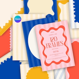 May include: A selection of invitation cards with striped patterns and decorative borders. One card displays the text "120 FRAMES" and "INVITATIONS 5X7 IN". The Canva logo is visible on one card. The colour palette includes pink, blue, yellow, and red.