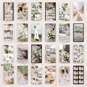 May include: A collection of vertical photo collages with a soft, vintage aesthetic. The images feature women in white dresses, flowers, and outdoor scenes. The word "MOXSY" is visible in the lower left corner.
