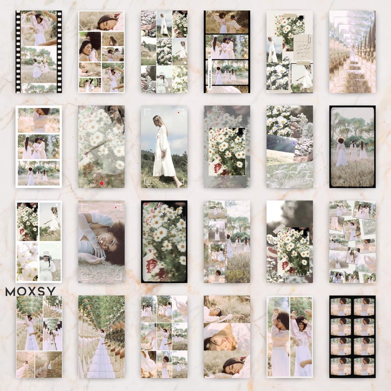 May include: A collection of vertical photo collages with a soft, vintage aesthetic. The images feature women in white dresses, flowers, and outdoor scenes. The word "MOXSY" is visible in the lower left corner.