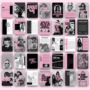 以下が含まれることがあります： ピンク、黒、白を基調とした雑誌の表紙のコレクション。さまざまなテキストと画像が使用されています。「About Me」、「Prioritize Self-Care」、「The Code of Success」などのフレーズが特徴です。全体的なテーマは自己啓発とライフスタイルです。