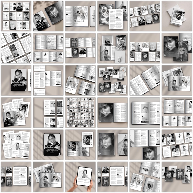 May include: A collection of open books, magazines, and a tablet, all featuring black and white images of a woman. The pages contain text and images. Some books are open to display the content. The overall theme is a guide or module.