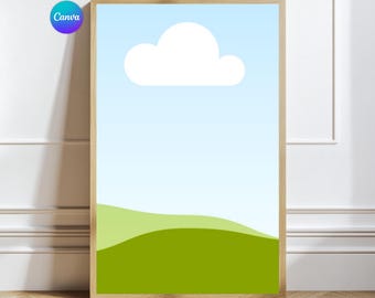 Puede incluir: Una ilustración digital de una colina verde cubierta de hierba con una nube blanca en un cielo azul.