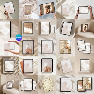 Può includere: Una collezione di tablet con cornici nere, che mostrano disegni astratti ad acquerello in tonalità beige e rosa. Alcuni tablet sono abbinati a pennini bianchi. Il logo Canva è visibile su un tablet.