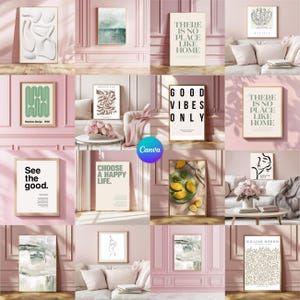 May include: A selection of framed art prints featuring diverse designs and quotes. Includes abstract forms, landscape scenes, botanical illustrations, and motivational phrases such as "See the good" and "Choose a happy life." The prints are displayed on a pink wall.