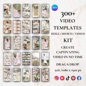 May include: A promotional image for a video template kit. The image features a grid of sample video templates with a soft, neutral color palette. Text on the right side advertises "300+ VIDEO TEMPLATES" for Reels, Shorts, and Videos, with a drag-and-drop feature.
