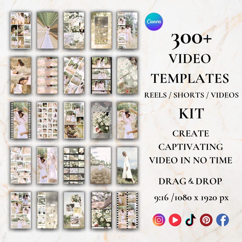 May include: A promotional image for a video template kit. The image features a grid of sample video templates with a soft, neutral color palette. Text on the right side advertises "300+ VIDEO TEMPLATES" for Reels, Shorts, and Videos, with a drag-and-drop feature.