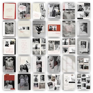 Könnte beinhalten: Eine Sammlung künstlerischer Collagen in Schwarz, Weiß und Rot. Die Bilder zeigen Porträts, handschriftlichen Text und abstrakte Designs. Einige Collagen enthalten Filmstreifen und zerrissene Papierelemente.