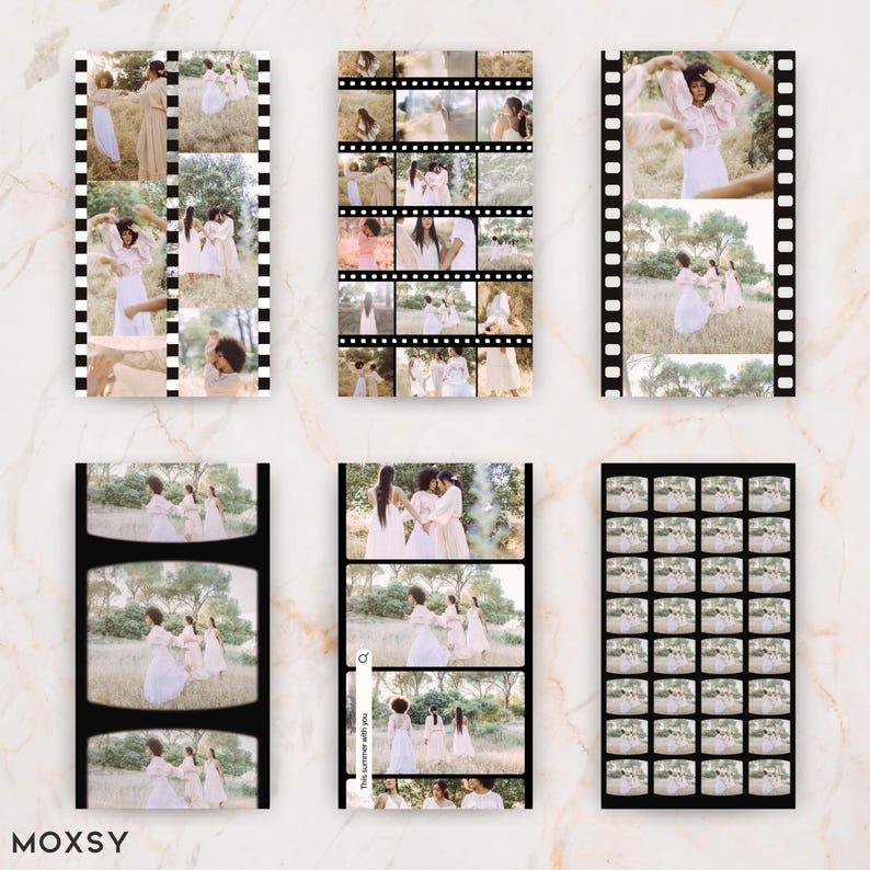 May include: A collection of film strip stickers featuring images of people in white dresses and light-colored clothing. The stickers have a black border with white perforations. The word "MOXSY" is at the bottom left.