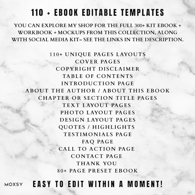 Może przedstawiać: Czarno-biała grafika z tekstem "110 + Ebook Editable Templates". Obraz zawiera funkcje, takie jak unikalne układy stron, strony tytułowe i spis treści. Tekst wspomina r&oacute;wnież strony z układem zdjęć i układem projektu.