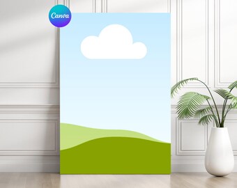 May include: A digital illustration of a green grassy hill with a white cloud in a blue sky.