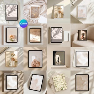 Può includere: Una griglia di tablet con cornici nere, ognuno dei quali mostra immagini diverse. Alcuni tablet mostrano composizioni floreali, disegni astratti ad acquerello e motivi di ombre. L'estetica generale è minimalista e neutra, con un focus su colori tenui ed elementi naturali.