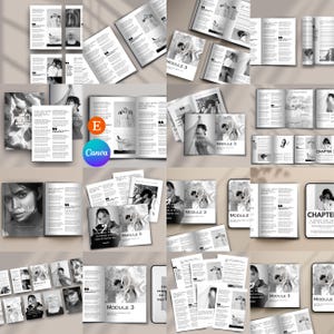 May include: A collection of open magazines and loose pages, all in black and white. The pages feature images of people and text. The text "MODULE 3" appears on several pages, along with the Canva logo and the words "CHAPTER" and "smiling daily".
